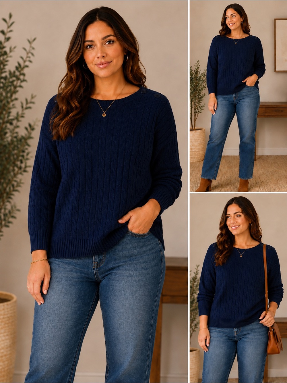 J Crew Navy Blue Large L Pullover Knit Crew Sweater Shoulder Buttons EUC